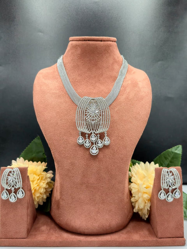 Aarohi Silver Cascade Necklace Set